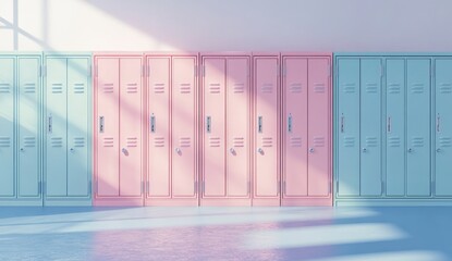 Pastel-toned lockers in a school hallway, bathed in sunlight