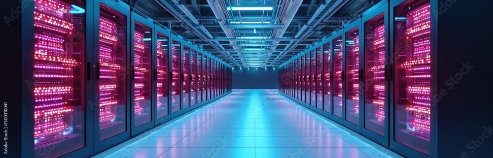 Leinwandbilder Datacenter servers rows with neon lighting, server racks in data center. Modern computer database room, network infrastructure, cloud computing, data storage, supercomputer technology.