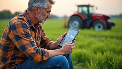 Farmer uses tablet to monitor weather forecasts. Modern tech for agriculture in rural farmland. Tablet screen displays weather data with tractor at background. Smart farming for better harvesting.