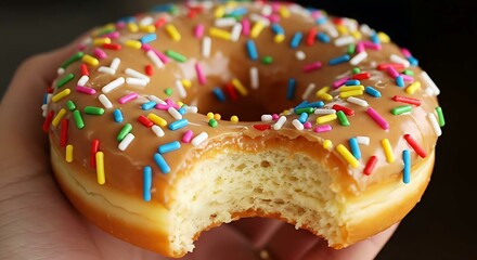 Close-up of a honey-glazed donut with colorful sprinkles