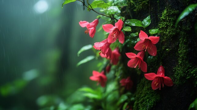 Chilean Bellflower Lapageria rosea elegant red flowers climbing mossy tree trunk in a humid rainforest low light and dense green foliage around