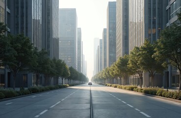 Obraz premium Urban cityscape with modern skyscrapers, empty road. City skyline, architecture, commercial buildings, glass structures. Trees, daylight, transportation, contemporary design, perspective.