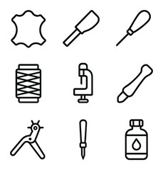 Leathercraft Tools Icons. Outline icon set of leathercraft supplies: leather hide, cutting knife, stitching awl, thread spool,