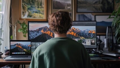 Obraz premium Person editing photos on multiple monitors in a home office