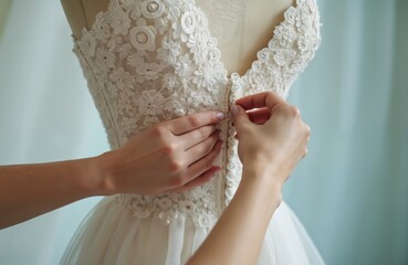 Tailor working on bridal dress in studio. Hands sewing lace dress, pinning details on mannequin. Close-up of dressmaker working on custom wedding gown with intricate handmade lace.