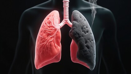 Illustration presents contrast healthy vs damaged lungs due to smoking. Black lung effects of smoking, disease. Red organ health. Concept warns of addiction, breath, respiratory medical issues.