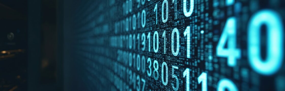 Digital background of binary code. Binary numbers floating in cyberspace create digital backdrop. Tech abstract data concept for banners, advertising or web design. Information flow, internet tech. - Powered by Adobe