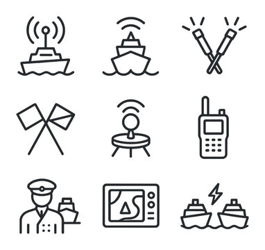 Maritime Communication Icons. Outline icon set of maritime communication protocols: ship antenna, AIS signal, distress flares,