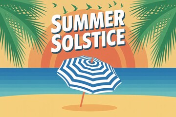 Summer solstice. Beach scene featuring a blue-striped umbrella under a warm sunset.