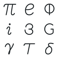 Mathematical Constants Icons. Outline icon set of mathematical constants: pi π, Euler’s number e, golden ratio φ, imaginary unit i
