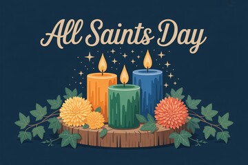 All Saints Day illustration showcases candles, flowers, and stars in a serene design.
