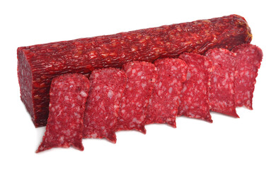 Dry smoked sausage salami stick and slices isolated on white background