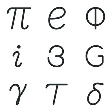 Mathematical Constants Icons. Outline icon set of mathematical constants: pi &pi;, Euler&rsquo;s number e, golden ratio &phi;, imaginary unit i