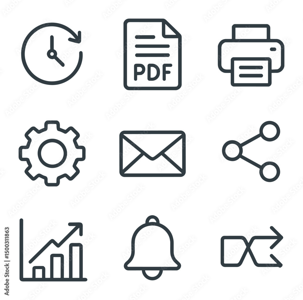 Poster report automation icons. outline icon set of report automation features: scheduled clock, pdf file, 