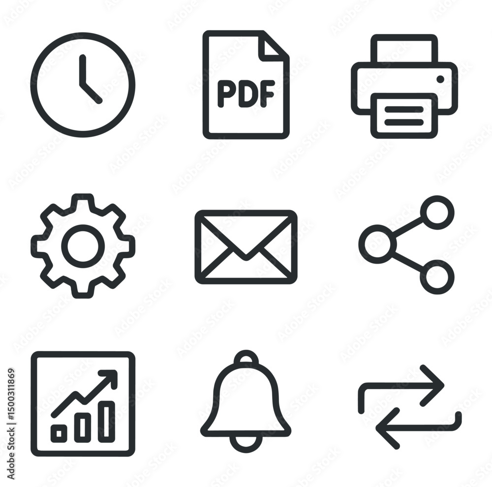 Poster report automation icons. outline icon set of report automation features: scheduled clock, pdf file, 