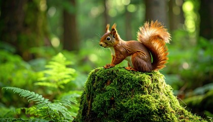 Obraz premium Red Squirrel Forest Moss Stump.