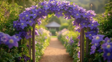 Obraz premium Clematis Clematis jackmanii purple climbing flowers covering wooden archway in a countryside garden cottage visible in the background sunny floral escape