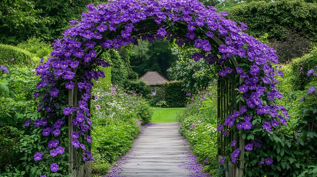 Clematis Clematis jackmanii purple climbing flowers covering wooden archway in a countryside garden cottage visible in the background sunny floral escape