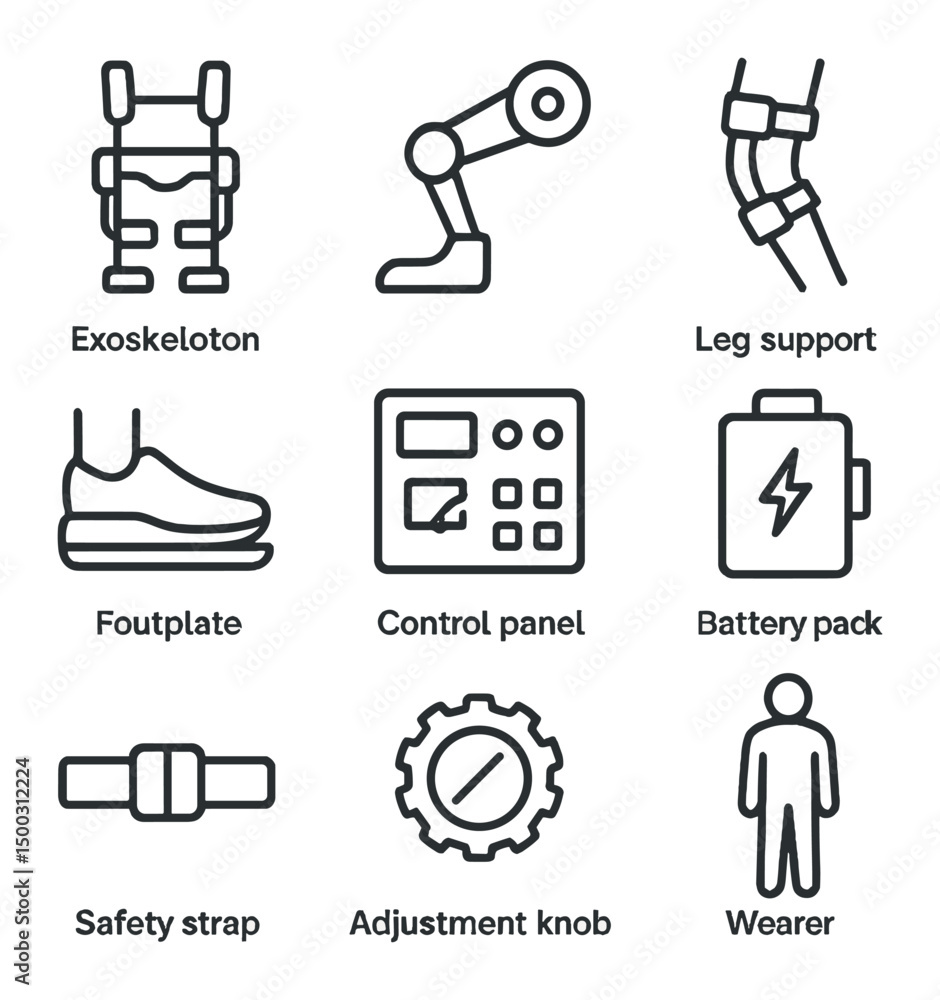 Poster robotic exoskeleton icons. outline icon set of robotic exoskeleton support systems: exoskeleton fram