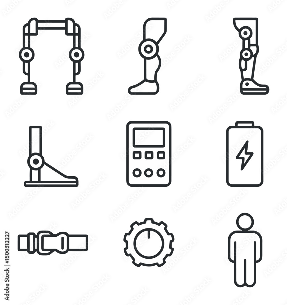 Poster robotic exoskeleton icons. outline icon set of robotic exoskeleton support systems: exoskeleton fram