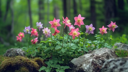 Columbine Aquilegia vulgaris blooming a shaded hillside nodding multi colored blossoms dancing in the breeze mossy rocks and forest trees surrounding the area
