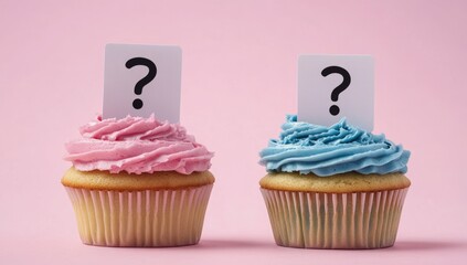 Two cupcakes, pink and blue, topped with frosting, each holding a question mark