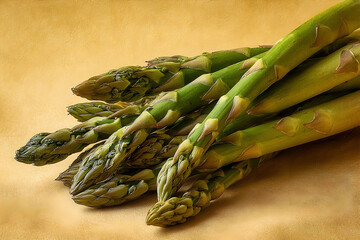 Close-up of a bunch of fresh asparagus spears.