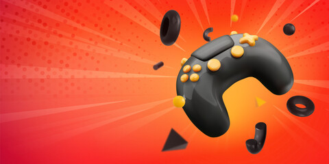 3d Game Controller Isolated on Abstract Comic Background. Black Joystick with Dynamic 3D Elements, Perfect for Esports or Gaming Promotions. Vector Illustration. © Oleg