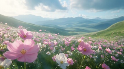 Fototapeta premium Cosmos Cosmos bipinnatus swaying a breezy hillside meadow pastel colored petals in pink and white distant rolling hills and open skies creating an airy summer feel
