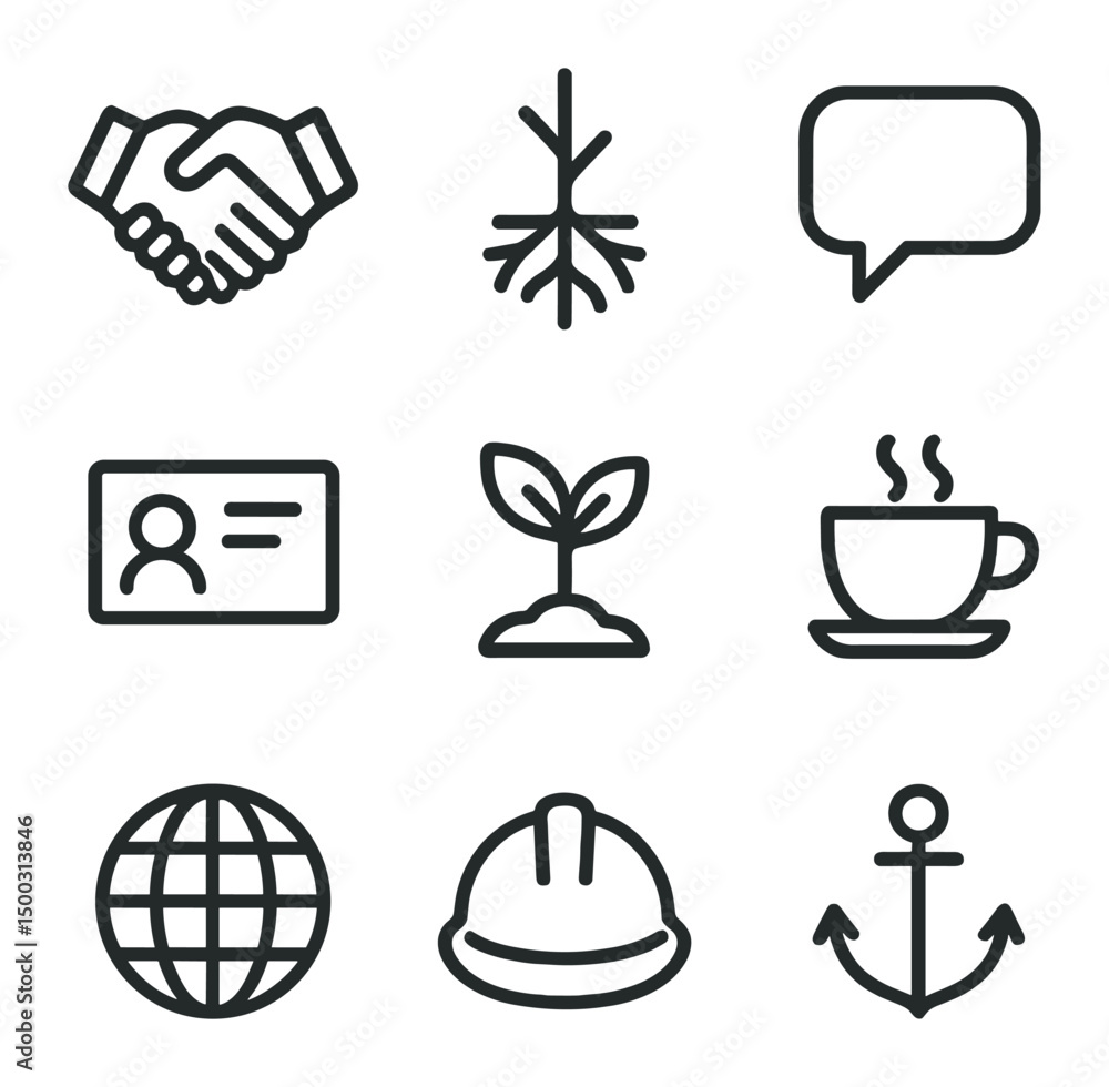Poster networking icon set. outline icon set of networking while staying grounded: handshake, root network,