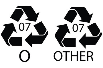 Plastic recycling code icon set. Black recycling symbol on a clean white background.