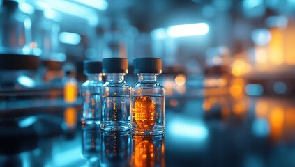Clear glass vials with amber liquid, in a lab setting