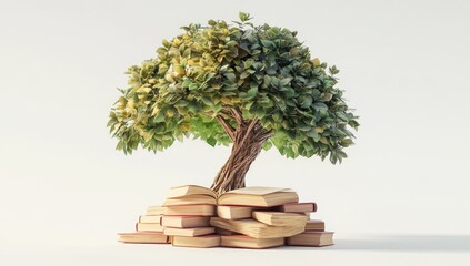 A stylized tree grows from a stack of open books