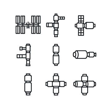 Space Station Icons. Outline icon set of space stations: International Space Station, Mir station, Tiangong module, Skylab lab,