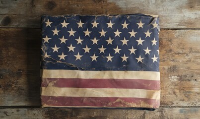 Photo of a folded American flag on a wooden background. AI generated illustration.