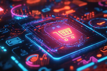 Digital shopping cart icon, glowing circuit board