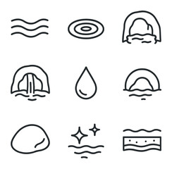 Plakat Subterranean River Icons. Outline icon set of subterranean rivers: flowing water, ripple effect, cave pool, waterfall dribble,