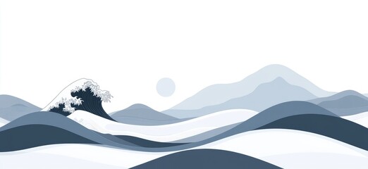 Minimalist landscape with a large wave and mountains