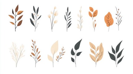 Set of abstract botanical vector posters with leaves, flowers, and organic shapes in earth tone colors