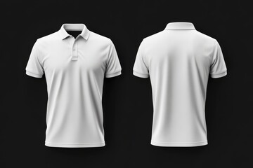 Blank white polo shirt, front and back views, on a black background