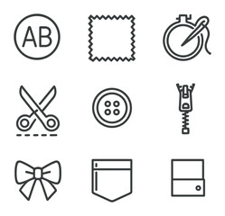 Plakat Outfit Customization Icons. Outline icon set of outfit customization: monogram patch, fabric swatch, embroidery hoop, hemming