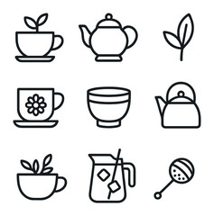 Plakat Tea Variety Icons. Outline icon set of tea varieties: green tea cup, black tea pot, oolong leaf, chamomile teacup, matcha bowl,