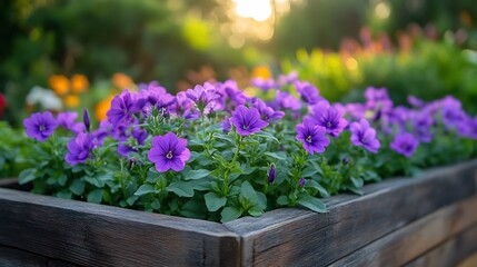 Cup Flower Nierembergia scoparia violet blossoms a raised flower bed wooden planter boxes and vibrant garden layout under full sun