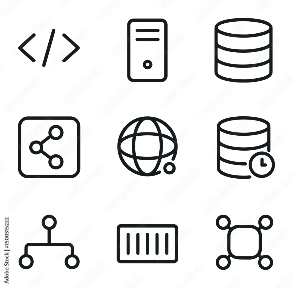 Poster tech stack icons. outline icon set of tech stack components: frontend framework, backend server, dat