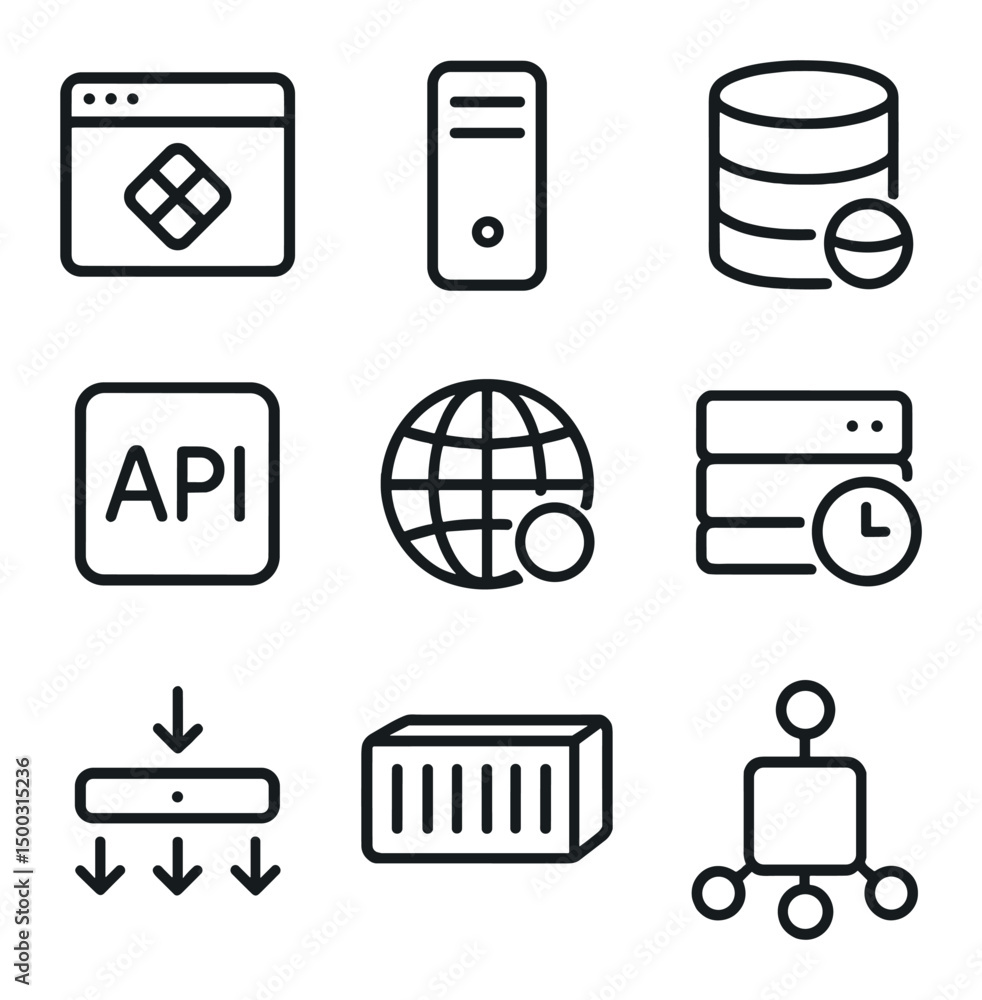 Poster tech stack icons. outline icon set of tech stack components: frontend framework, backend server, dat