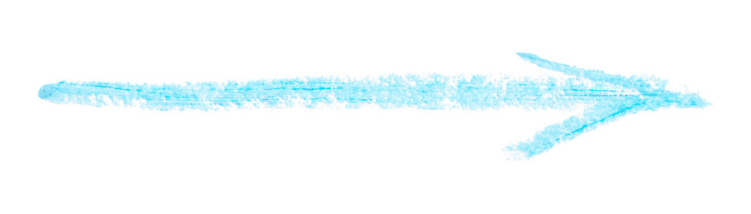 Hand drawn light blue straight right arrow, simple children's oil pastel illustration isolated