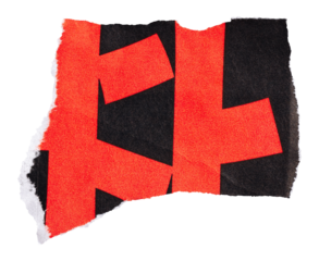 Part of bright red Chinese character on piece of black paper isolated element