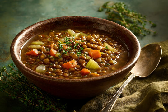 Hearty lentil soup in a rustic bowl.