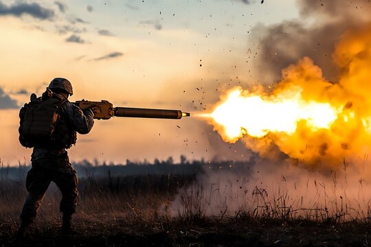 Soldier Firing Mortar During Sunset