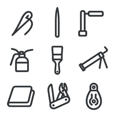 Obraz premium Tool Icon Set. Outline icon set of maintenance and repair tools: sail repair needle, splicing fid, winch handle, oil can, brush,